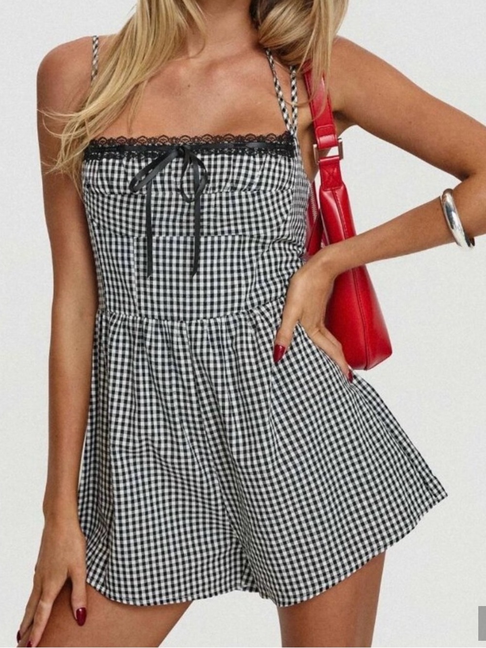 Princess Polly Black & White Gingham Romper with Lace Trim
